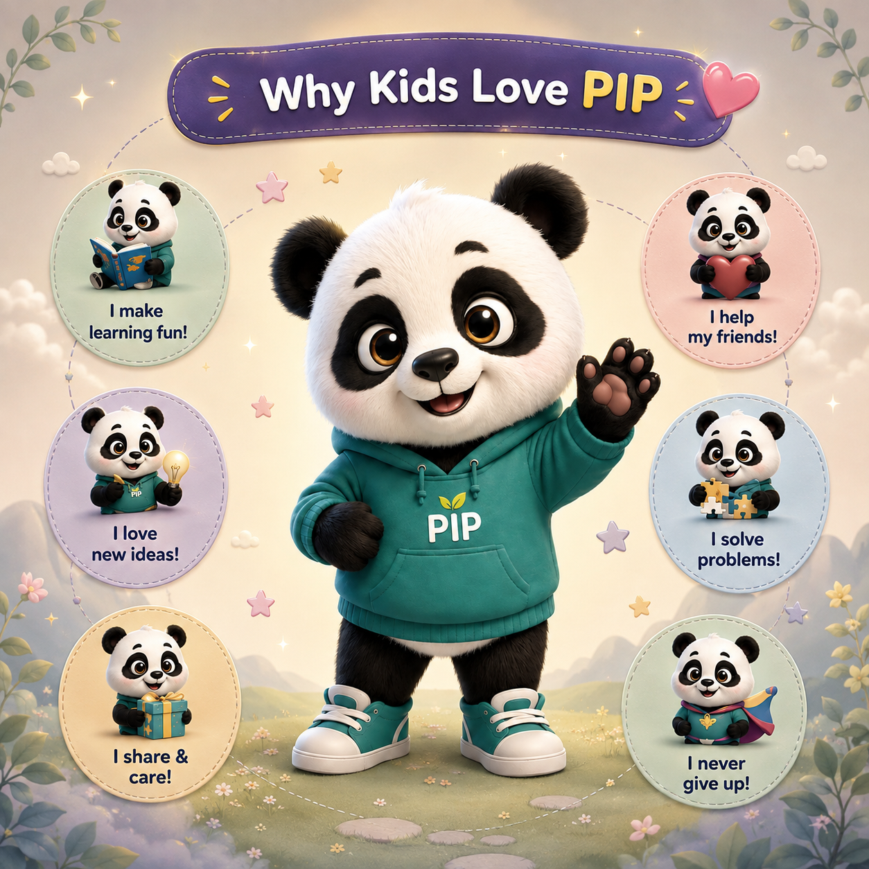 Why kids love PIP the panda — he makes learning fun, helps friends, solves problems, shares, cares and never gives up