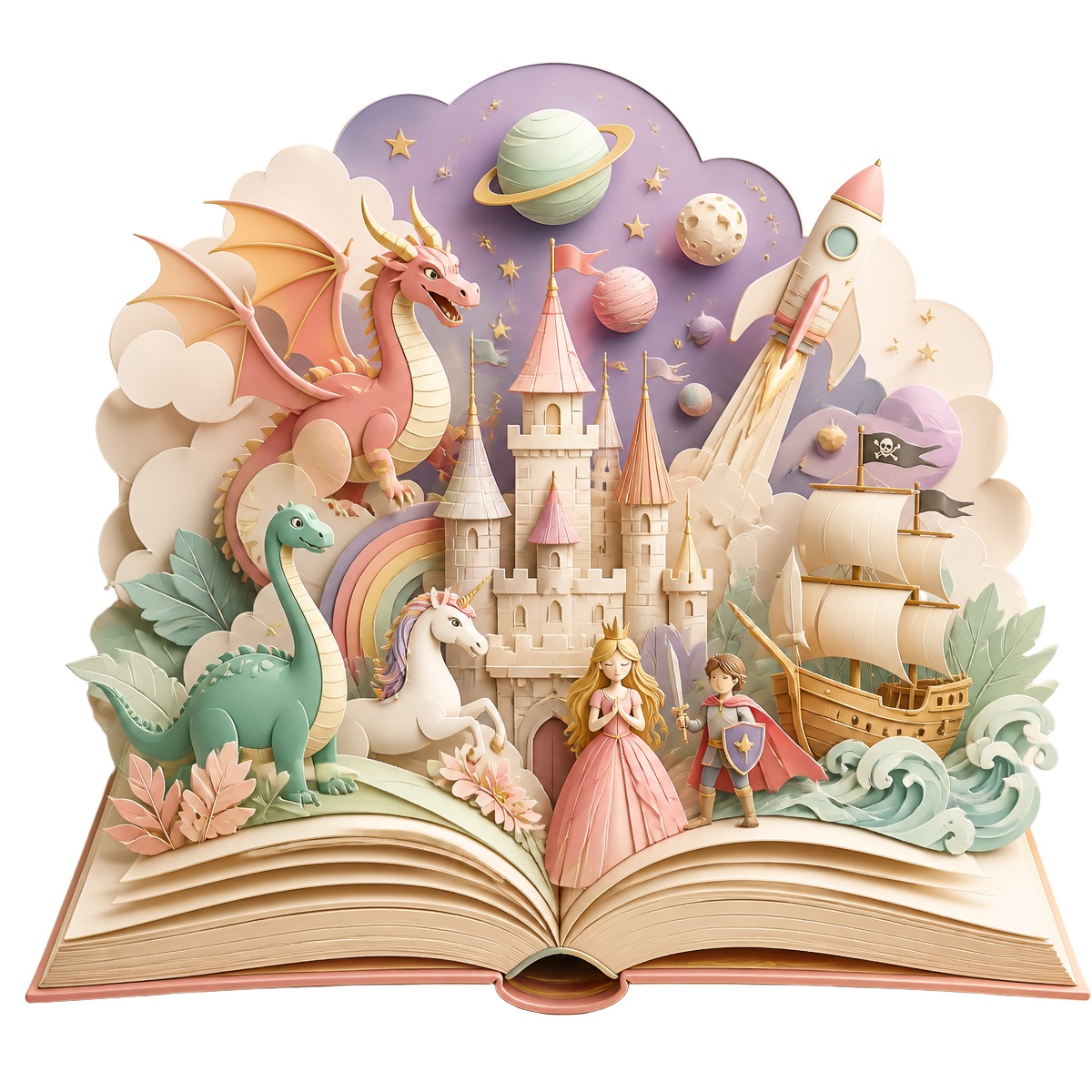 Open magical storybook with dragons, dinosaurs, castles, pirates and rockets rising from the pages